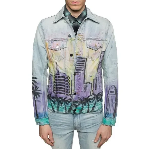 NEW Sz M Medium Mens Amiri Los Angeles Indigo Denim Airbrush "Hollywood" Jacket - Picture 2 of 11